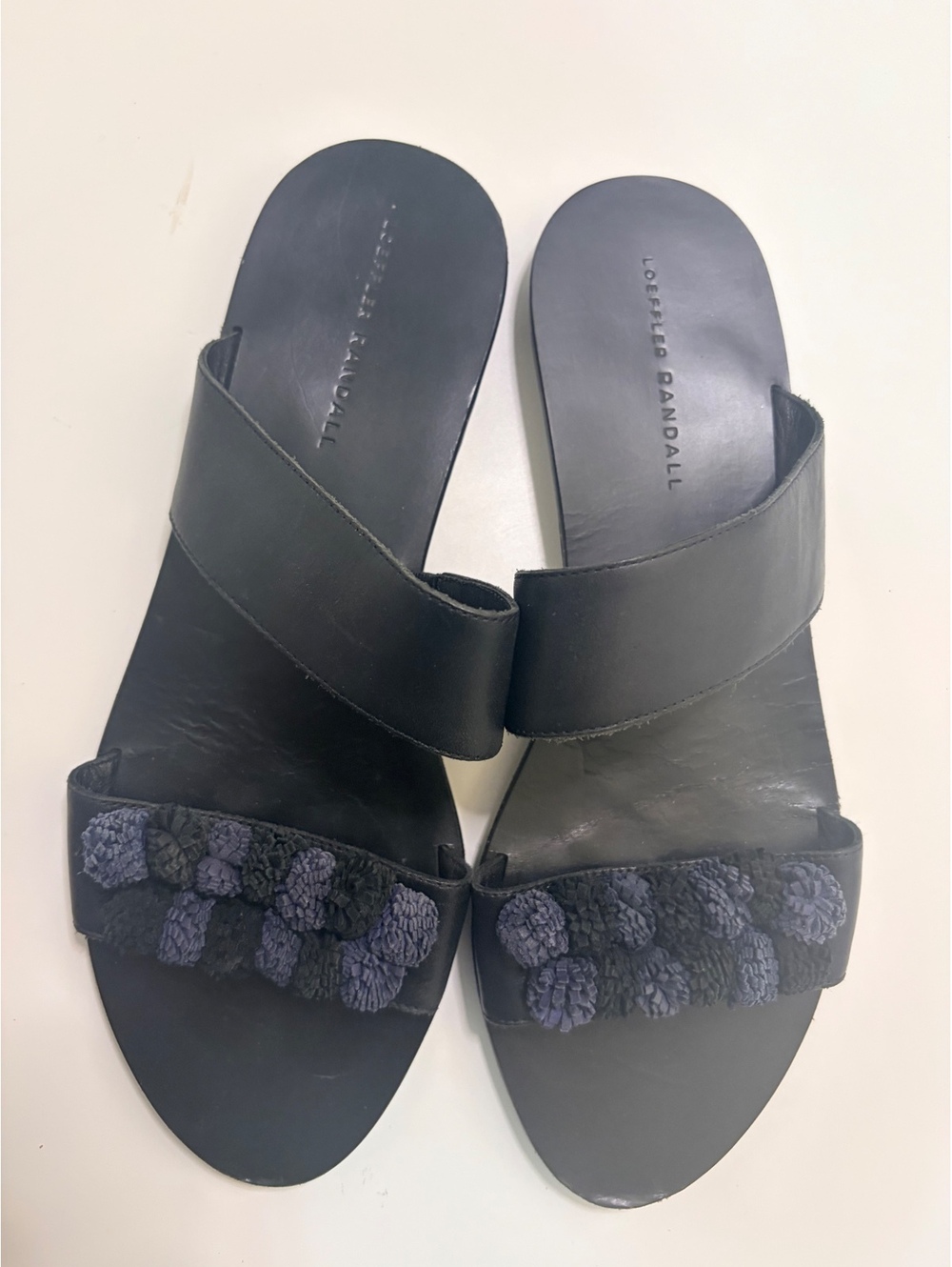 Loeffler Randall Black Leather Pom-Pom Slide Flat Sandals Size 10